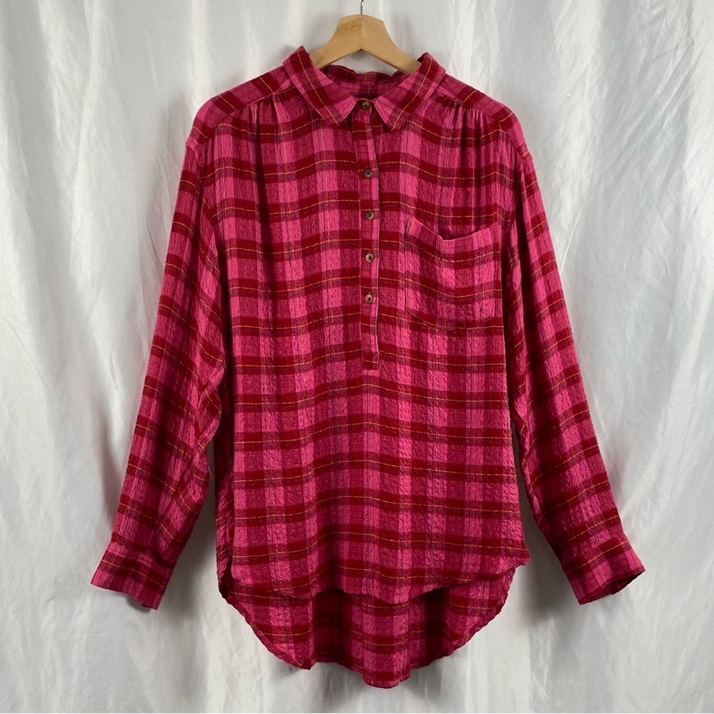 By Anthropologie Pink Plaid Long Sleeve Shirt Size Large
